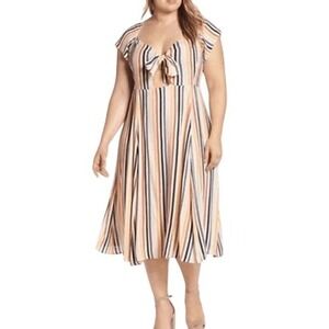 Leith Striped Tie Front‎ Midi Dress 1X Off Shoulder
